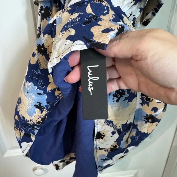 NWT Lulu’s Sunny Attraction Navy Floral Linen Bustier Belted Mini Dress Size M - Picture 6 of 8